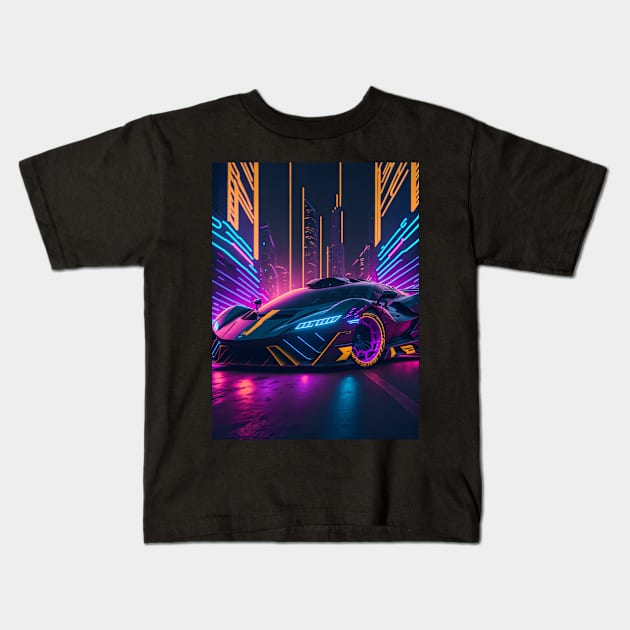 Dark Neon Sports Car in Japanese Neon City Kids T-Shirt by star trek fanart and more